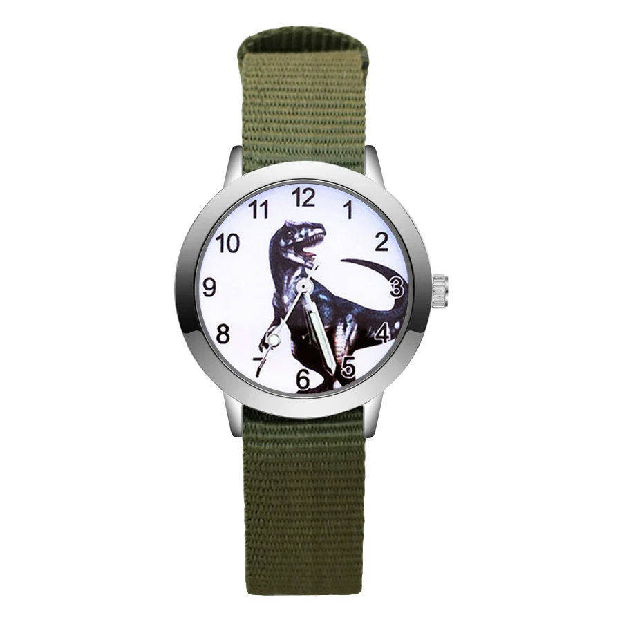 Army green Модные детские часы с милым мультяшным динозавром, кварцевые наручные часы с нейлоновым ремешком для девочек и мальчиков JA47 - Цвет: Army green