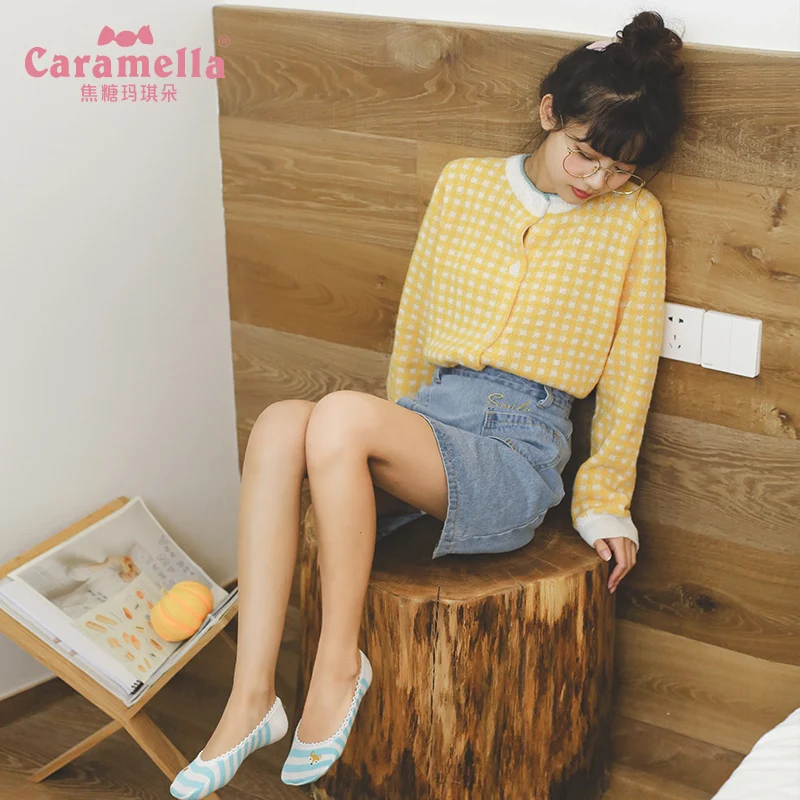 Женские короткие носки Caramella хлопковые невидимые в полоску с вышивкой лисы 4