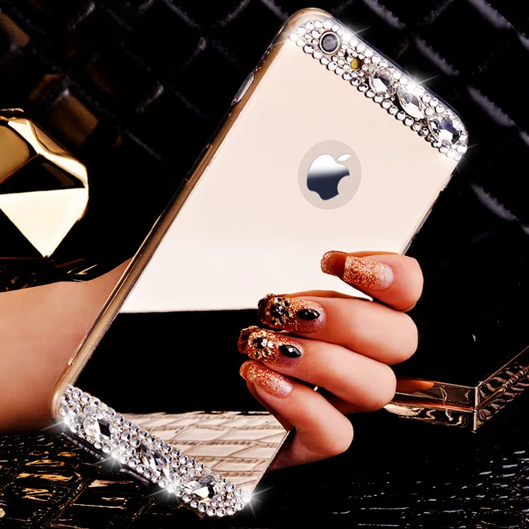 Зеркало Роскошные Алмазный Rhinestone TPU чехол для iPhone 6 6S 4.7/плюс 5.5 мягкий силиконовый