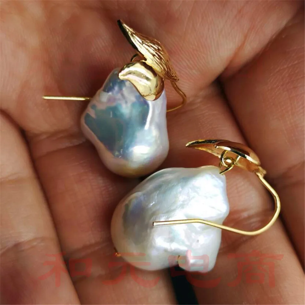 

TwoPin AAA natural south sea flawless creamy dangler aurora Gold hooks sweater 15-20MM HUGE baroque pearl earrings GOLD