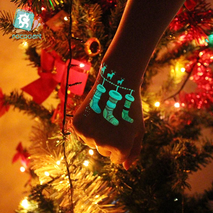 Big size Luminous Christmas Temporary Tatoo Tree Snowman Glowing in the dark Paint Fake Body Art Tattoo Sticker For children | Красота и