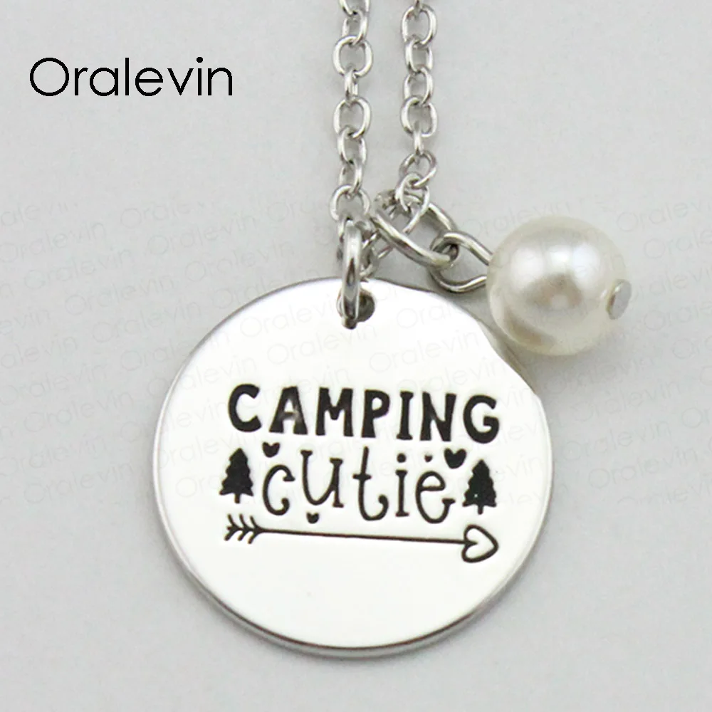 

New Fashion Trendy CAMPING CUTIE Inspirational Hand Stamped Engraved Custom Pendant Female Necklace Jewelry,10Pcs/Lot, #LN2108