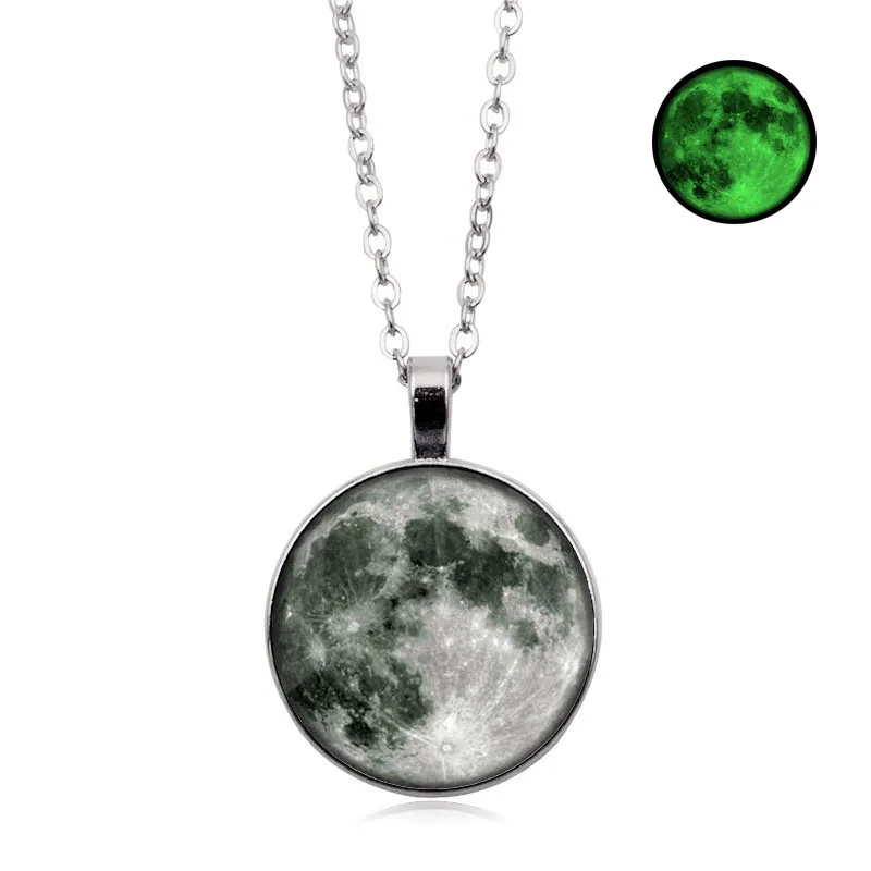 8 Hot sale Glow In The Dark Moon Pendant Necklace Galaxy Planet Glass Cabochon Luminous Jewelry Silver Chain Necklace Women - Окраска металла: 8