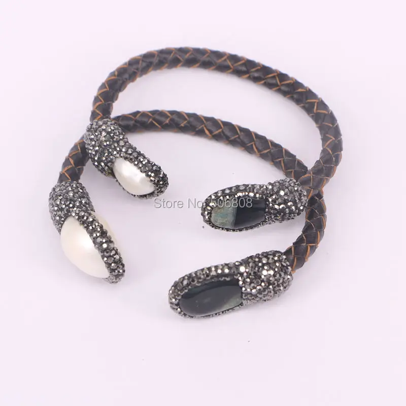 5 шт. натуральный Лабрадорит Жемчужный коричневый кожаный браслет с кристаллами