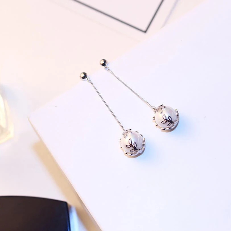 

Trendy Elegant Created Simulated Pearl Long Earrings Flower Ear Line Long Earrings Pearls Drop Earrings For Women Silver needle