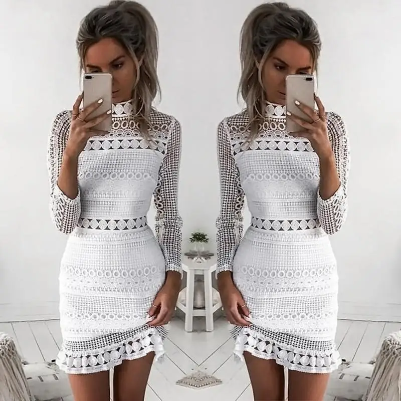 Autumn Women Fashion Dress Vintage Hollow Out Lace Ladies Falbala Hem Long Sleeve Cocktail Elegant Sexy White 2018 | Женская одежда