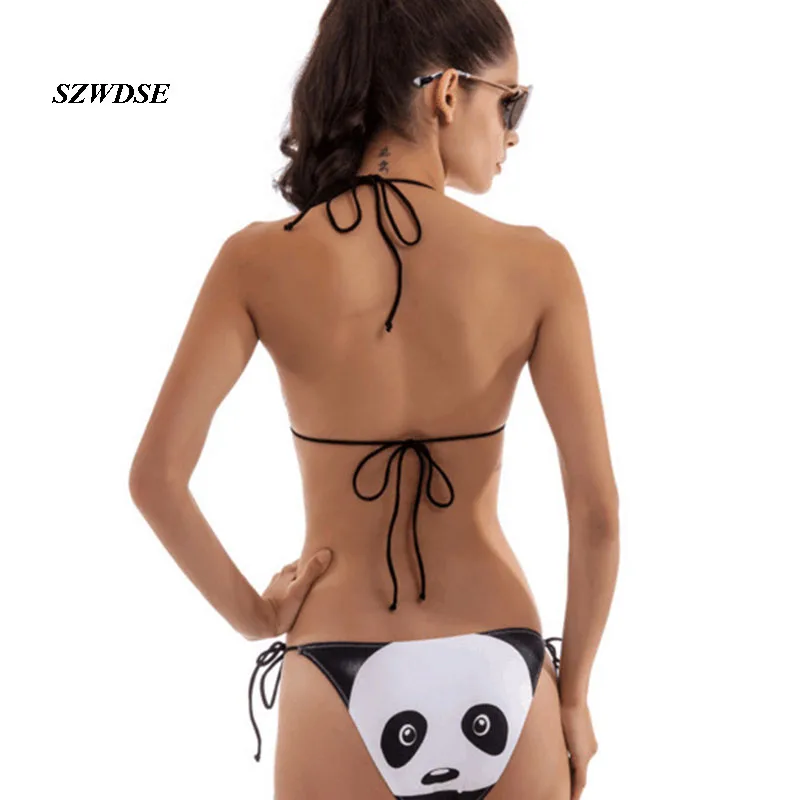 Girls' summer swimsuit cute Bikinis Set black-white panda printed sexy underwire padded lacing push up swimwear for teens |
