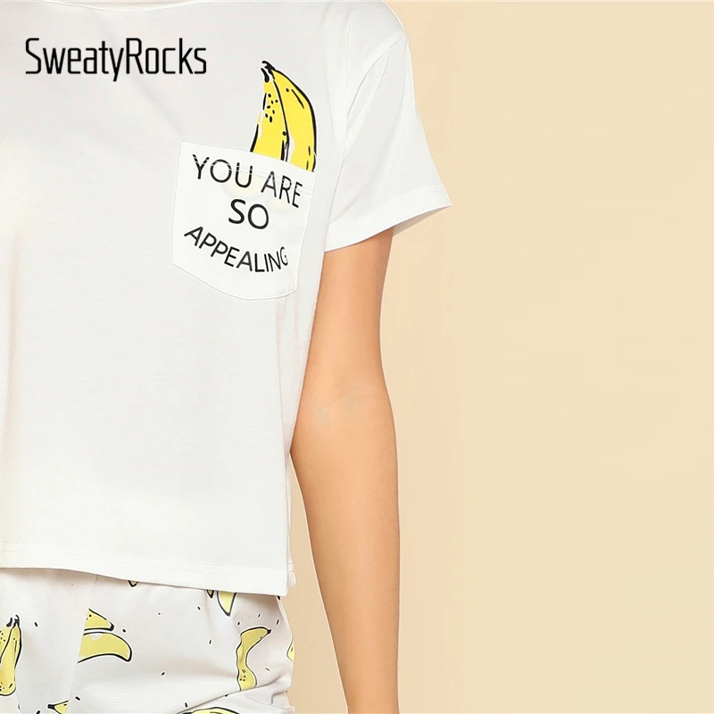 SweatyRocks, принт банана, карман спереди, топ с шортами, пижамный комплект, Kawaii, эластичные бежевые Пижамы, женские летние Пижамные комплекты