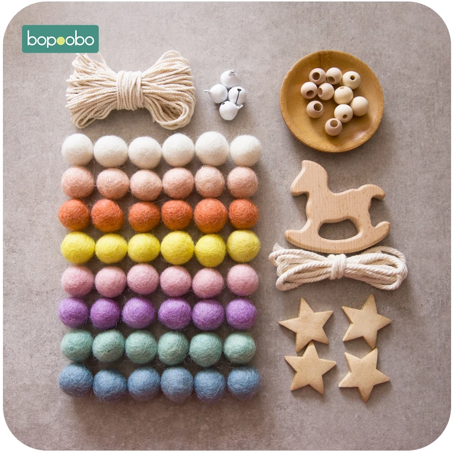 Bopoobo 1Set Baby Teether DIY Silicone Beads Pacifier Clip Chain Baby Mobile Wool ball BPA Free Wooden Crochet Beads Teether