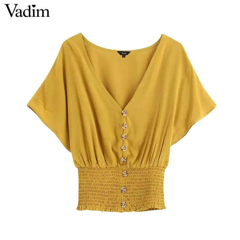Vadim women sweet V neck yellow tops short sleeve solid elastic pleated blouse female casual cute summer shirt blusas DA548 |