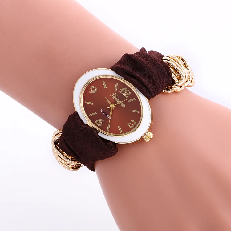 100pcs/lot oval head gold case geneva watch cloth belt fashion ribbon elegance wrap quartz wholesale lady wristwatch | Наручные часы