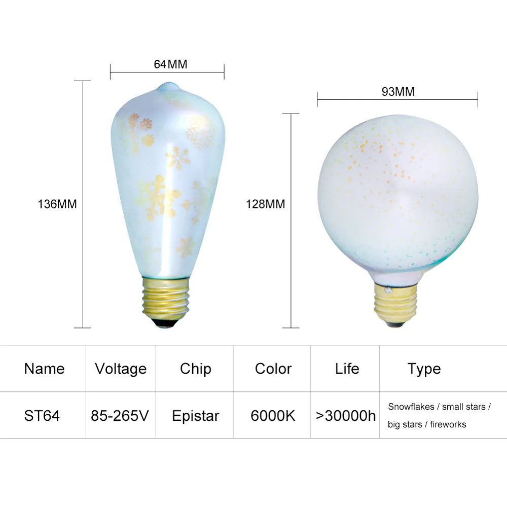 

Led Light Bulb 3D Decoration Bulb E27 4W 110V 220V Holiday Lights ST64 G95 Novelty Christmas Lamp Lamparas Bombilla Night light