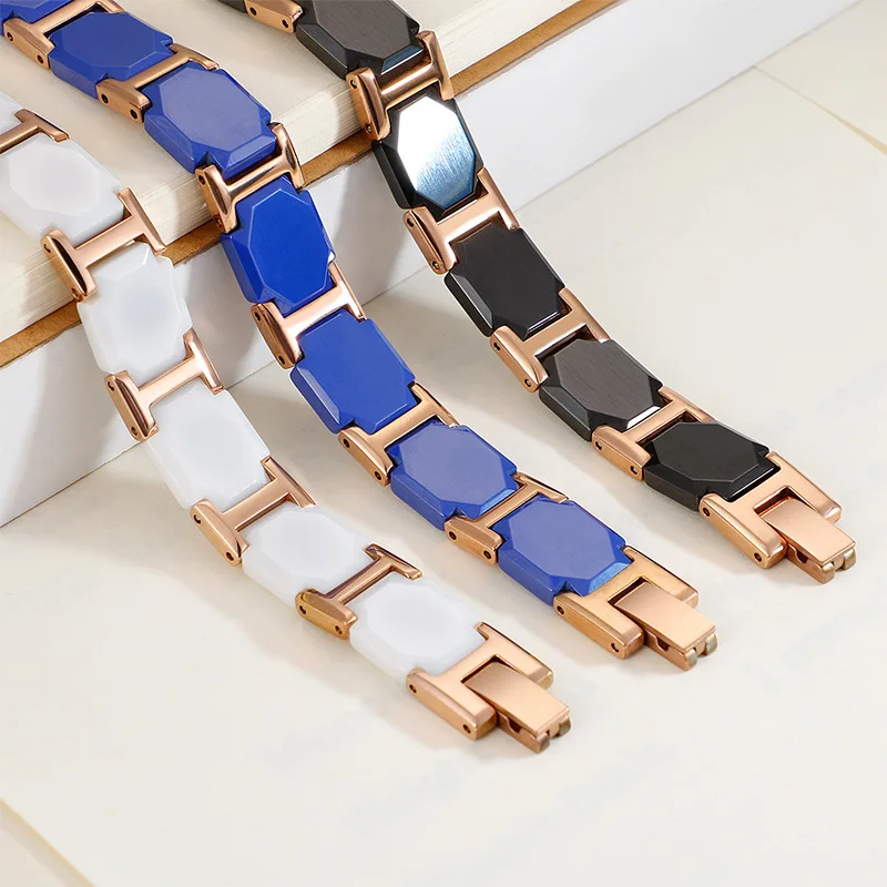 Rose Gold Stainless Steel Healthy Magnet Bracelet Men 11MM Wide Mens Bracelets Fashion White/Black Ceramic For Women | Украшения и