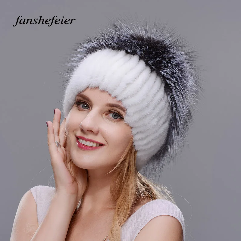 Fanshefeier, зимние женские меховые шапочки, настоящая норковая шапка, высокое качество, модные меховые шапки из серебристой лисы, женские толстые теплые вязаные шапочки - Цвет: colour04
