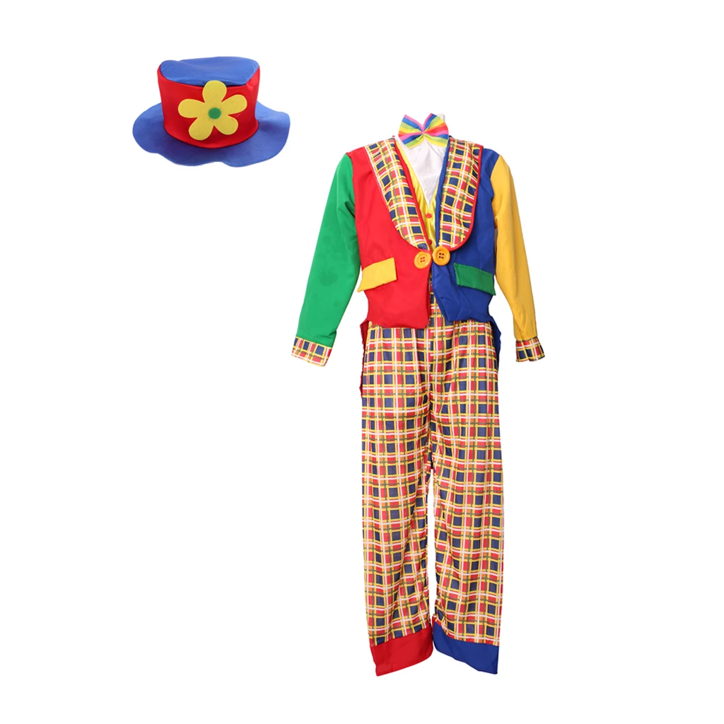 

Circus Clown Costume Comedy Grids Adult Tops Coat Pant Hat Set Fancy Dress