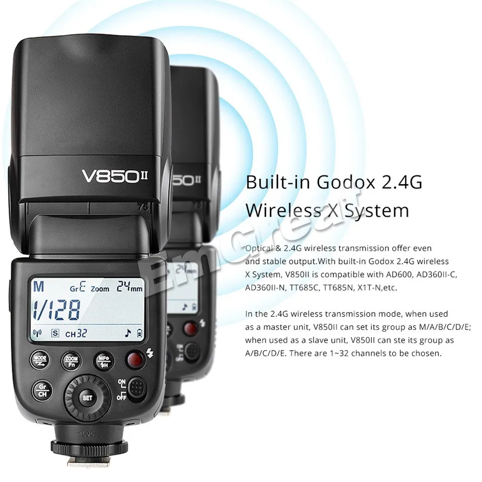 Godox V850II GN60 с 2000 мА/ч, литий-ионный аккумулятор Батарея 2,4G Беспроводная Системы светодиодная вспышка Speedlite для sony цифровой зеркальной камеры Canon Nikon DSLR Камера