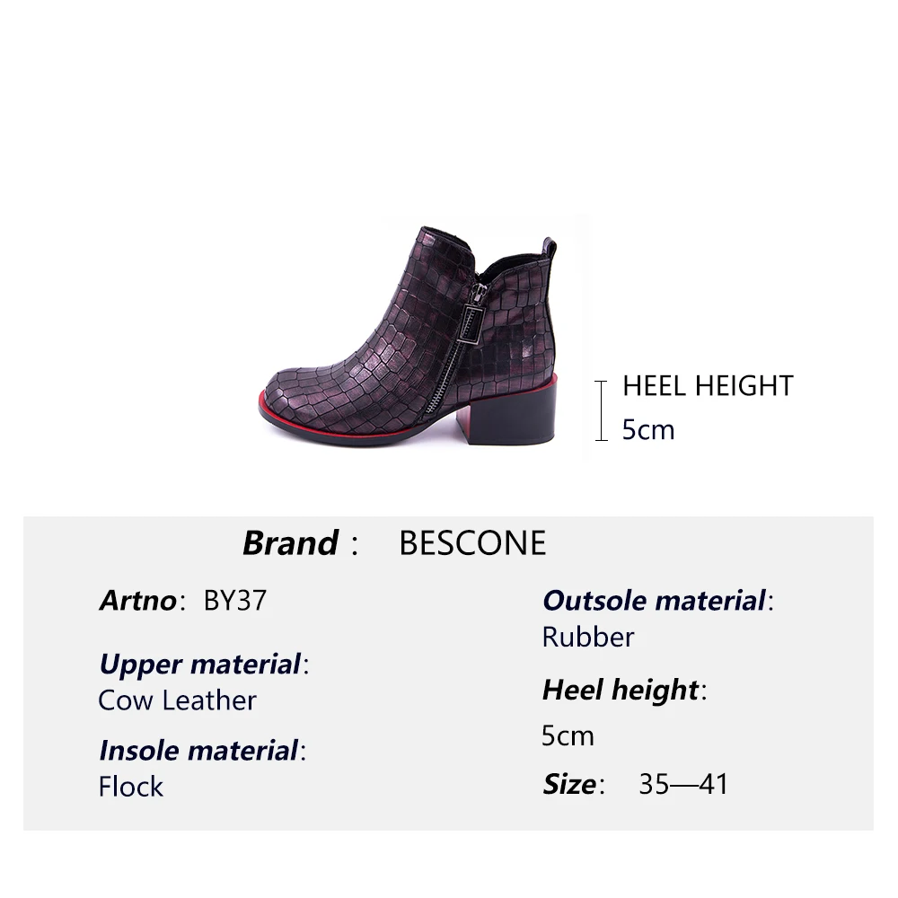 

BESCONE Fashion Ankle Boots Women Genuine Leather Round Toe Square Heel Casual Shoes Women Winter Handmade 5 cm Ankle Boots BM37
