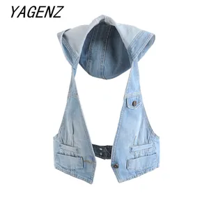 Женская джинсовая куртка без рукавов, облегающий винтажный короткий жилет с капюшоном, повседневная однотонная женская джинсовая куртка, Крутое пальто, лето 2021