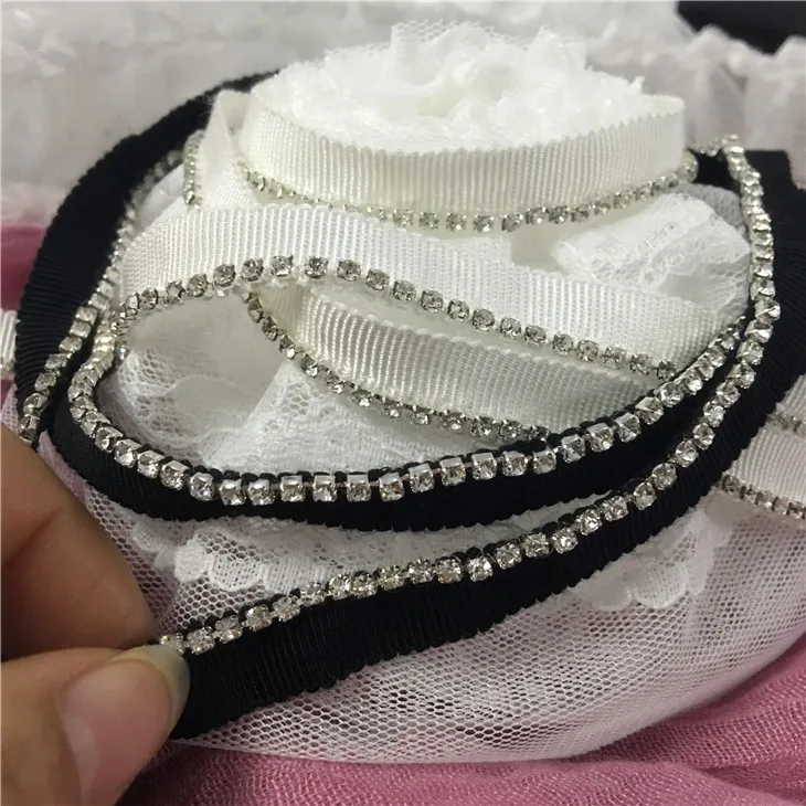 

New arrivals off white/black polyester with Drill chain lace trim stage/evening dress accessories material 1cm 25yards/lot