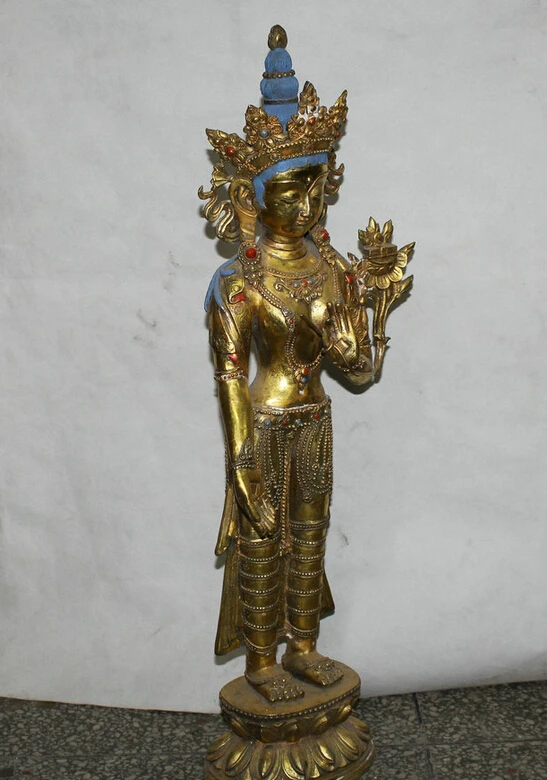 Collectible bronze S1816 Chinese Bronze Buddhism gilding stand White spirit of Compassion Goddess Statue B0403 | Дом и сад
