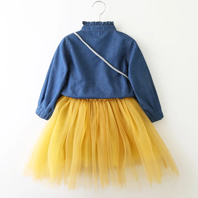 Girls Dress Casual Style Christmas Long Sleeve Denim Cartoon Embroidery Shirt+Mesh 2pc for Clothes | Детская одежда и обувь