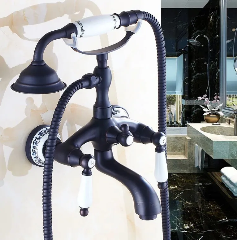 

Oil Rubbed Brass Ceramics Base Wall Mounted Clawfoot Bath Tub Faucet Mixer Tap Telephone Style Hand Held Shower Head Set atf530