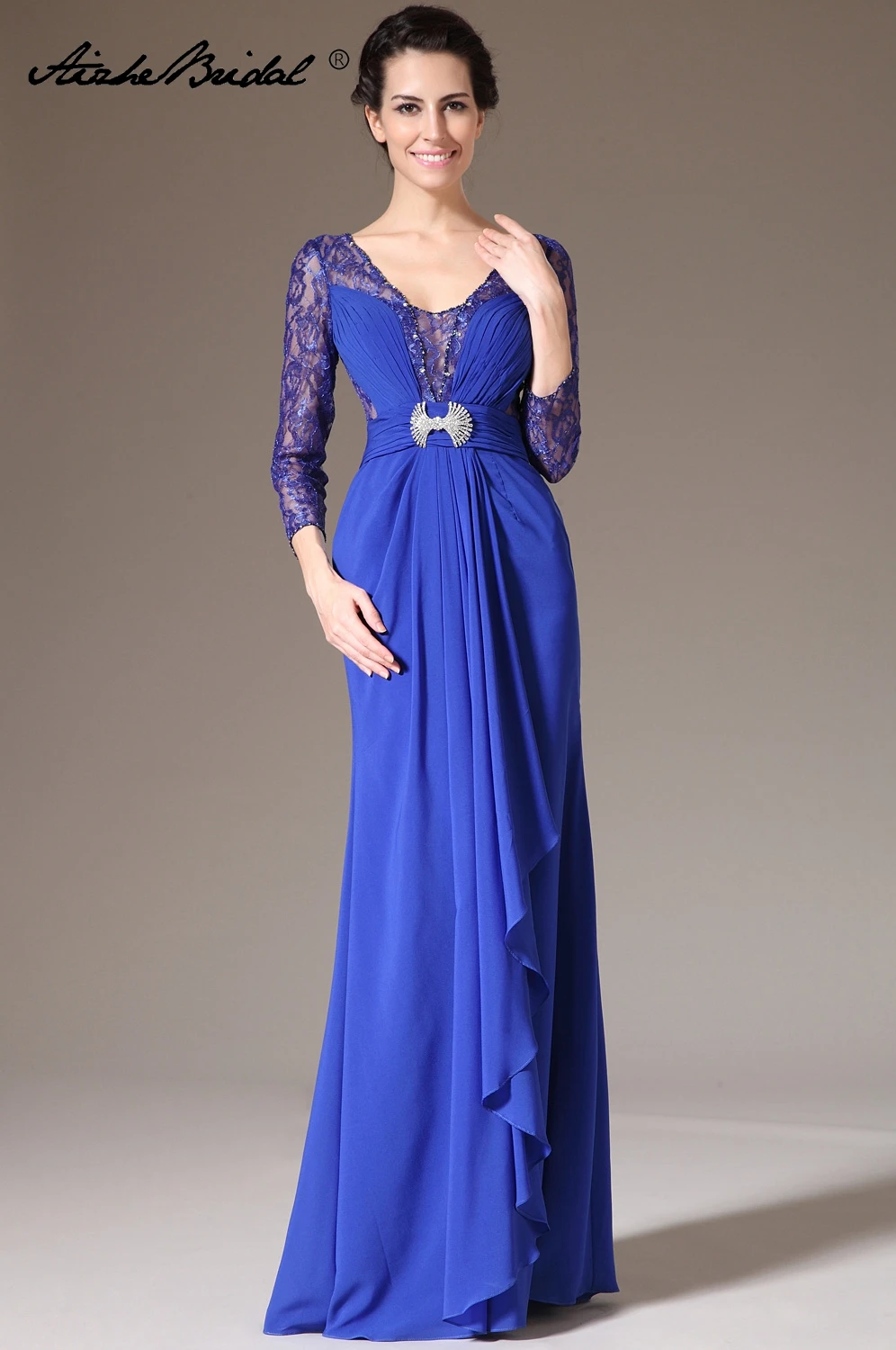 

V Neck 3/4 Sleeve Royal Blue Chiffon Long Formal Women's Dress Elegant Mermaid Mother of the Bride Dresses vestido mae da noiva