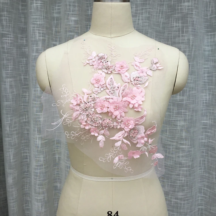 2 шт./лот розового и голубого цвета из бисера стерео кружево Цветочная аппликация