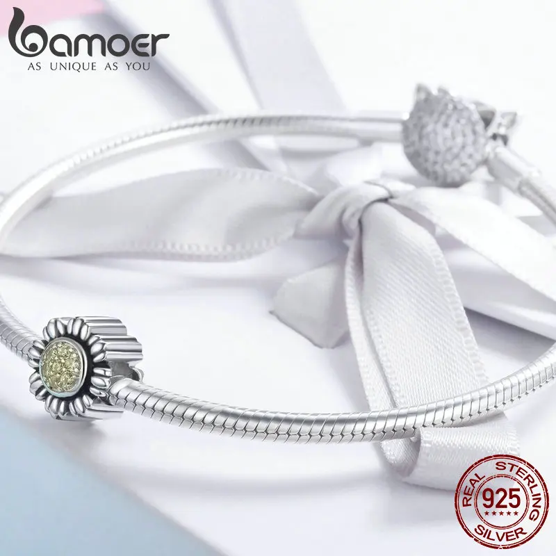 BAMOER, Новое поступление, 925 пробы, серебряный шарм, Подсолнух, цветок, ослепительные CZ бусины, подходят для женщин, браслеты, сделай сам, ювелирные изделия BSC018