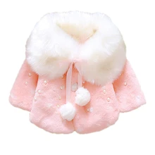 lovely Winter Baby Girls Fur Fleece Imitation Pearls Princess Outerwear warm Coat Lapel Collar Xmas Kids Infant Cloak Cape