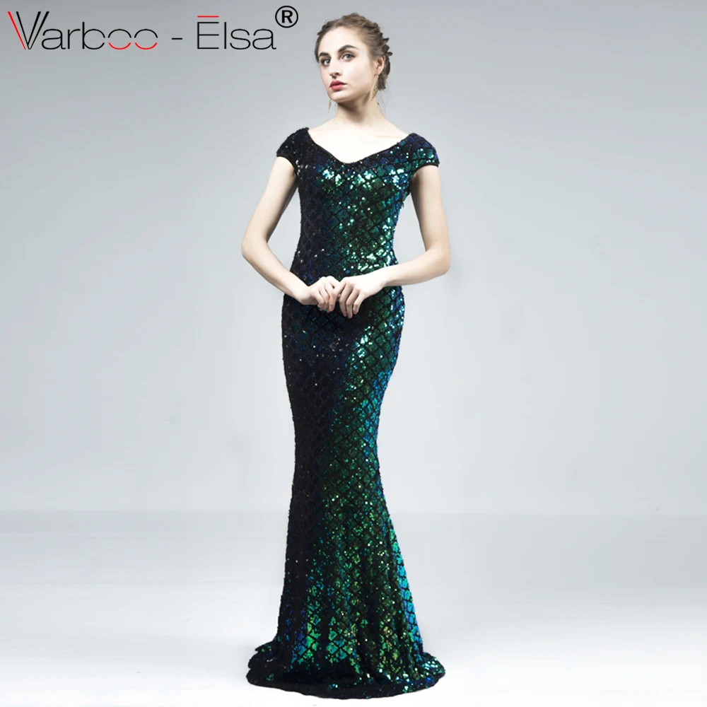 VARBOO_ELSA зеленое блестящее вечернее платье с v-образным вырезом 2018 Дешевое расшитое