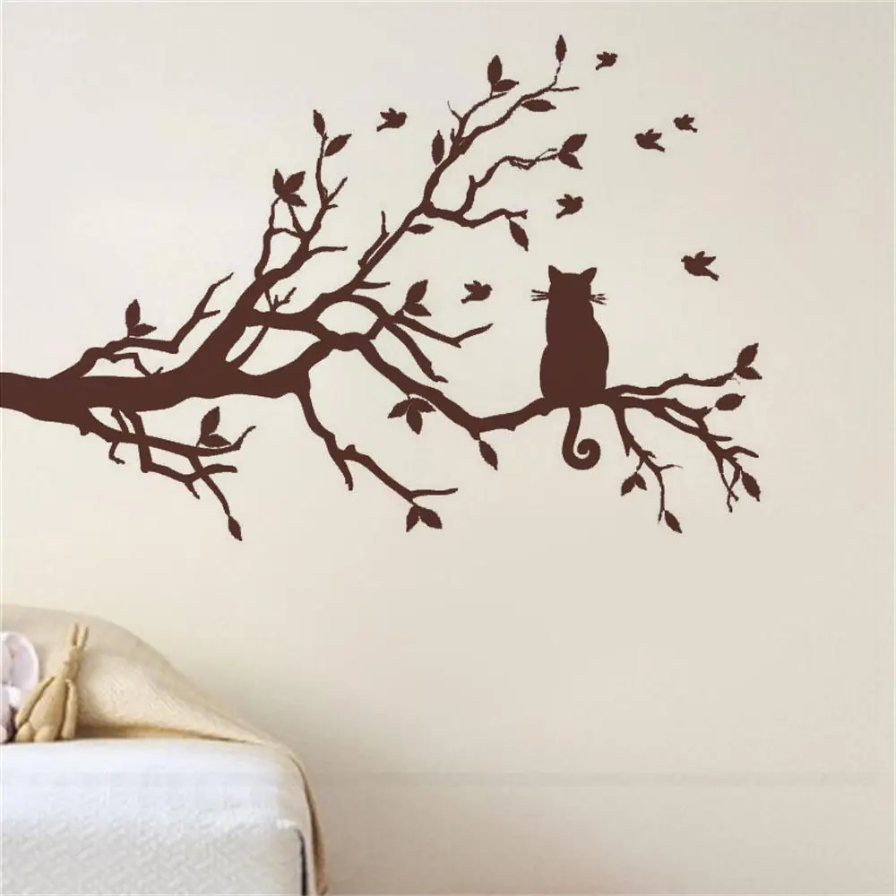 Кота на ветка дерева с птицами виниловая наклейка стену Стикеры Wall Art