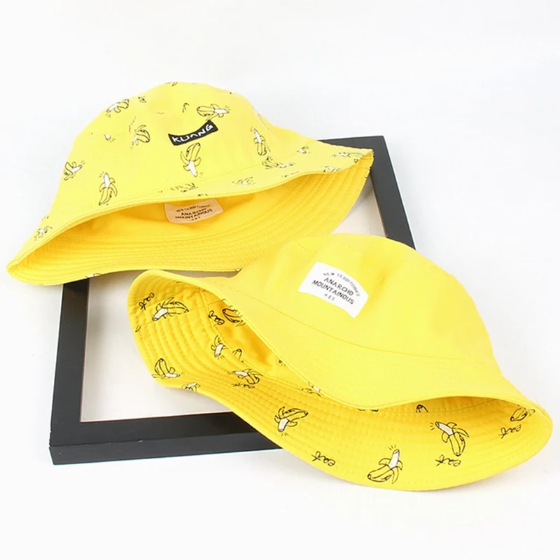 Fashion Panama Bucket Hat Men Women Double Sided Summer Bucket Cap Banana Print Yellow Hat Bob Hat Hip Hop Gorros Fisherman Hat