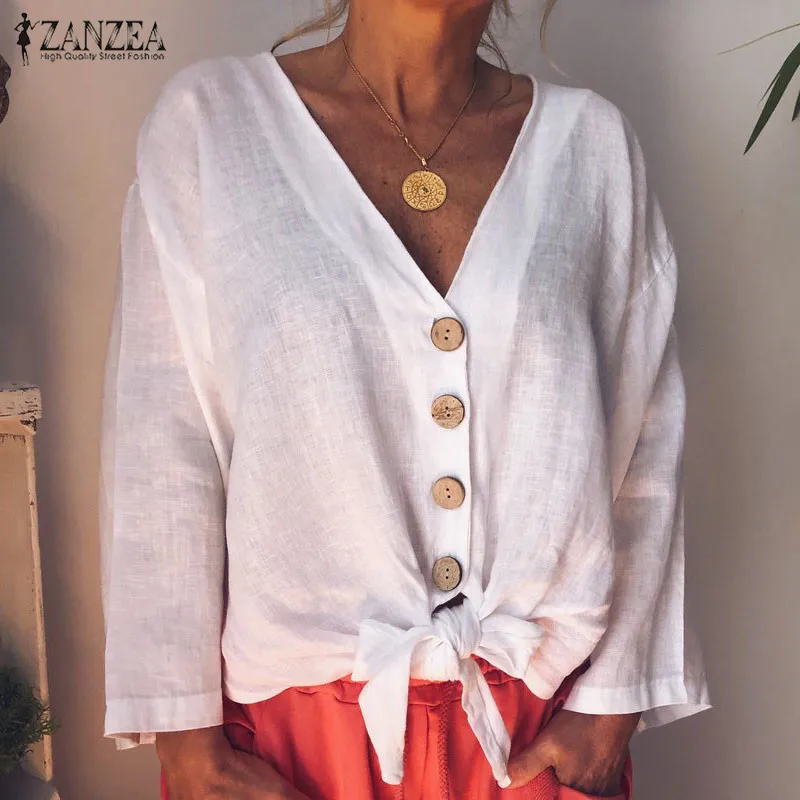 Summer Fashion Blouse ZANZEA Women Long Sleeve Shirt Casual Cotton Linen Tops Sexy V Neck Buttons Down Knot Tunic Plus Size