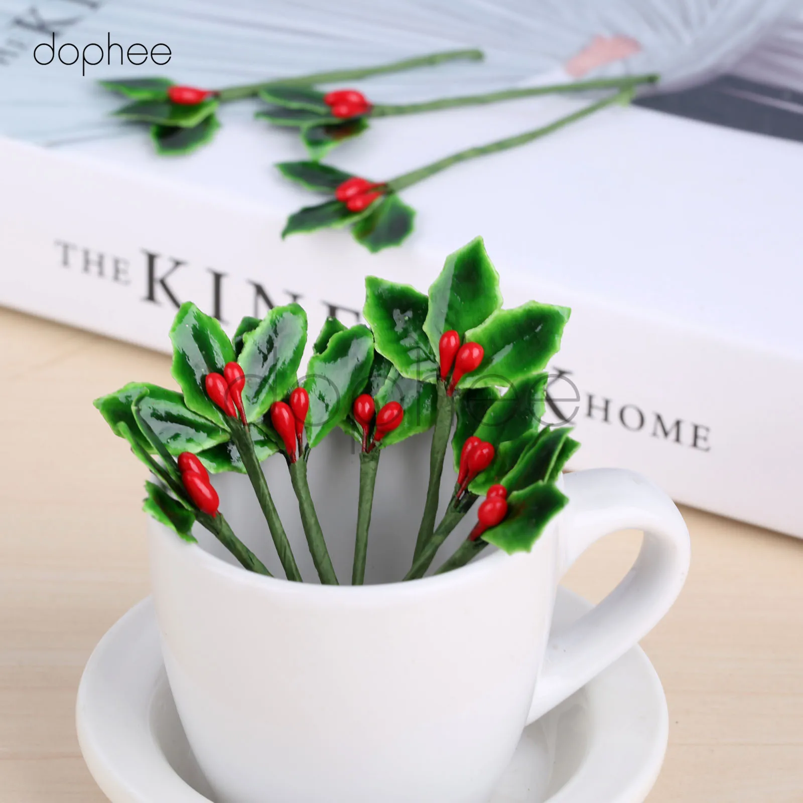 

dophee 10pcs Artificial Fruit Small Berries Fake Flowers Stamen With Green Leaves Christmas Party Decoration DIY Hair Ornaments