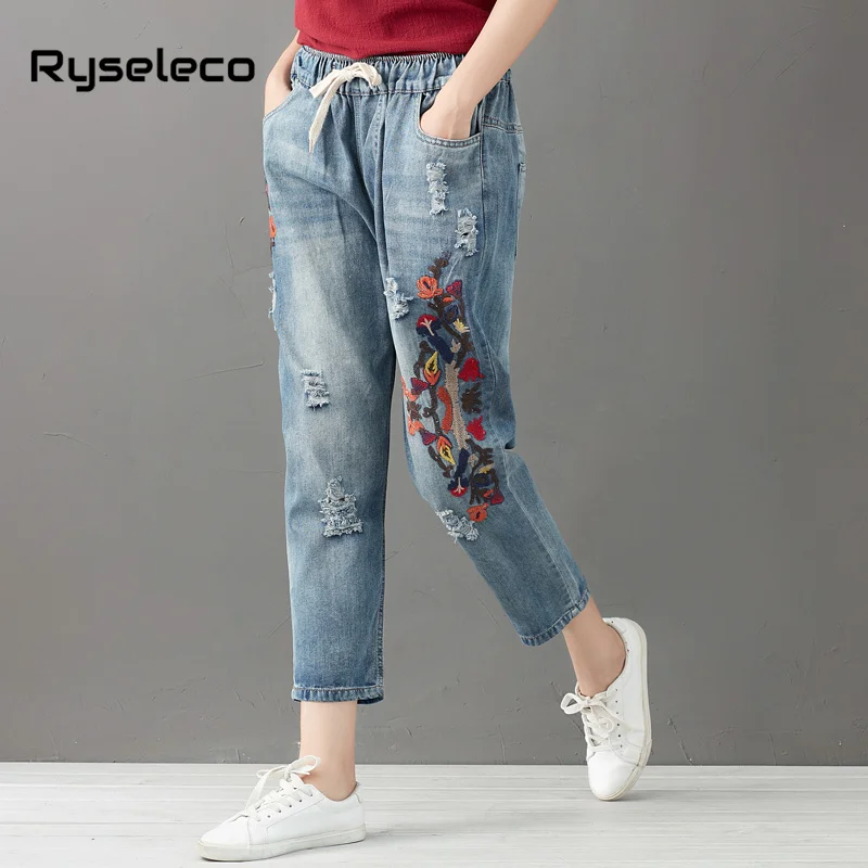 Женские джинсы большого размера осенние шаровары с цветочной вышивкой галстуки