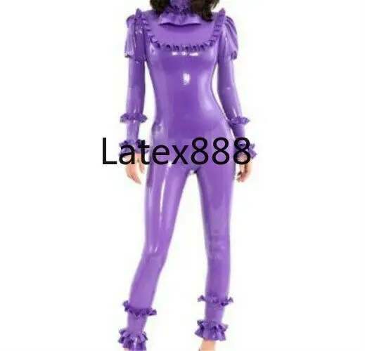 

2019 Latex Rubber Woman Bodysuit Anzug Gummi Suit Ruffle Purple GanzanzugS-XXL