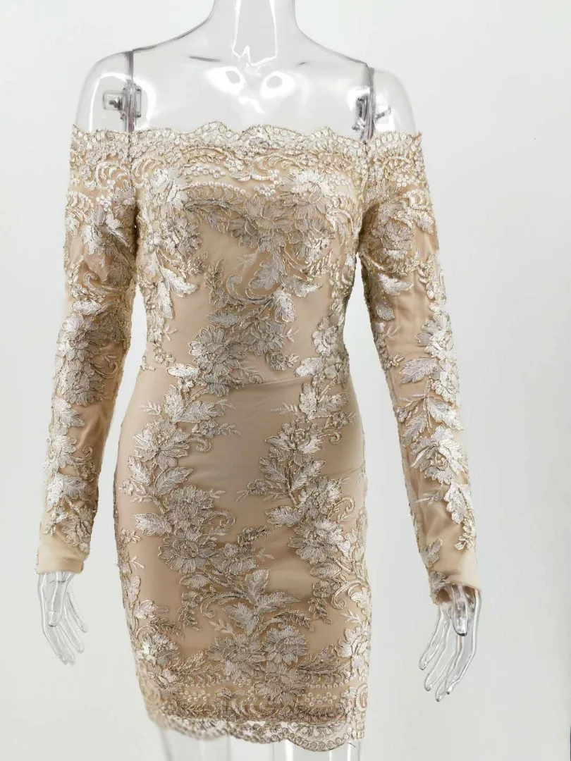 

Summer Mermaid Off-the-shoulder Lace Floral Sexy Ladies Dress Hollow Out long Sleeves Slash Neck Elegant Women vintage Dress