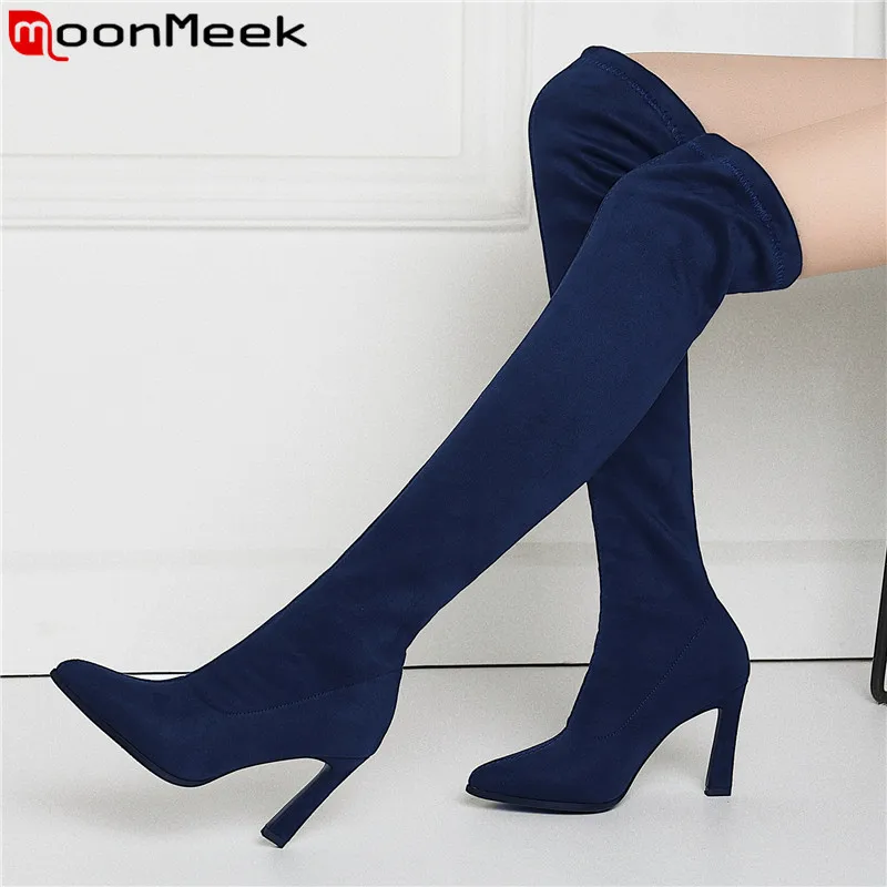 

MoonMeek over the knee boots pointed toe ladies winter boots high heels shoes flock thigh high boots sexy elegant stretch boots