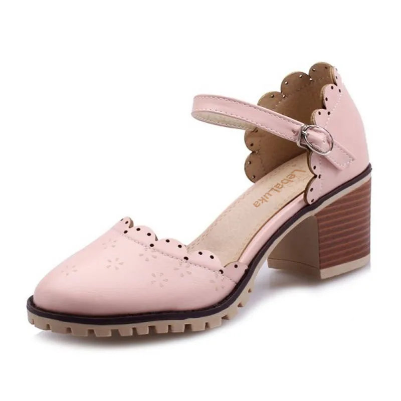 

Tuyoki Size 34-43 Sexy Lady High Heel Sandals Ruffle Round Toe Ankle Strap Thick Heel Sandal Summer Shoes Party Women Footwear