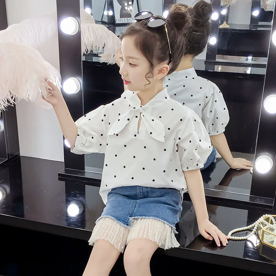 Летняя одежда для девочек блузка в горошек + шорты из 2 предметов комплект одежды