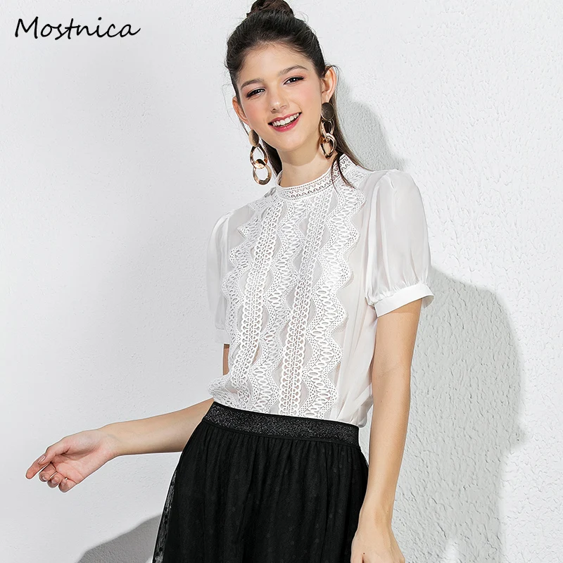 Mostnica элегантные летние геометрические Ажурные кружевные Camisas формальная ложная