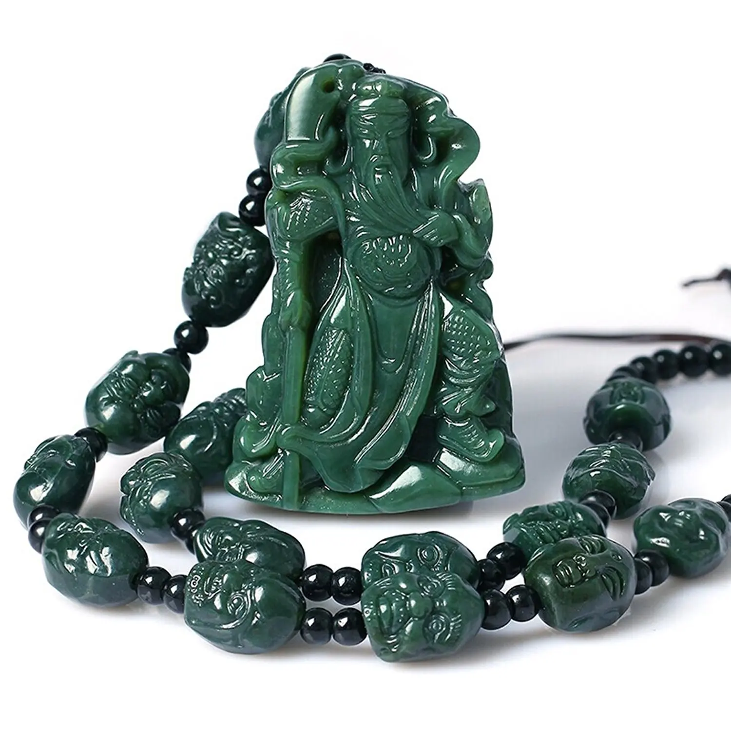 

Natural Hand Carved Green Jade Wu God Of Wealth Guan Yu Eighteen Lohan Necklace Pendant Wholesale