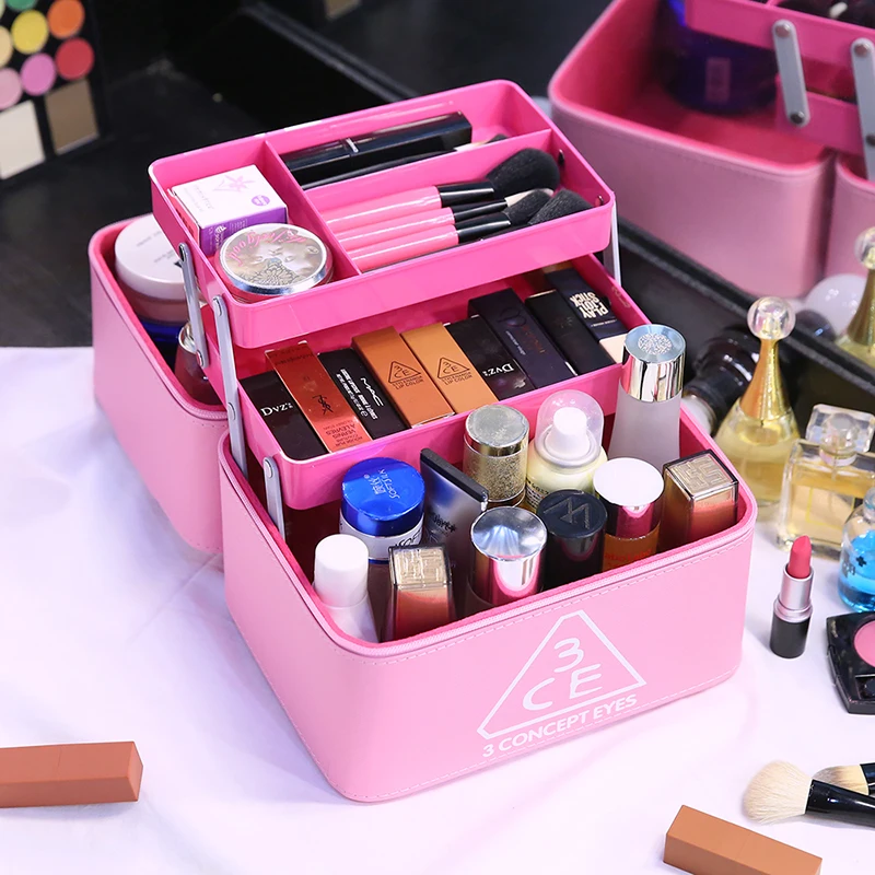 pink 2 layer Женская Большая вместительная косметичка, женский косметический чехол, Высококачественная кожаная женская косметичка, роскошная модная косметичка для путешествий - Цвет: pink 2 layer