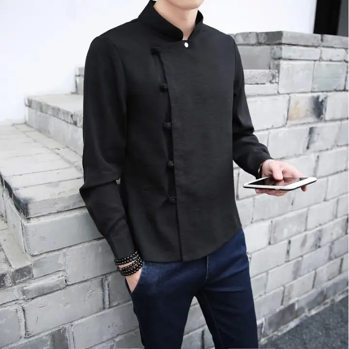 Мужская льняная рубашка с длинными рукавами и косой пуговицей Повседневная в