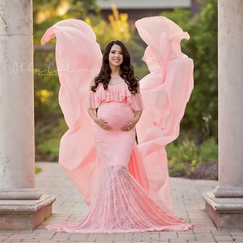 

New Lace Sling Women Dress Maternity Photography Props Off Shoulder Pregnancy Dresses Ruffles Maternity Gown Photo Shoot Clothes