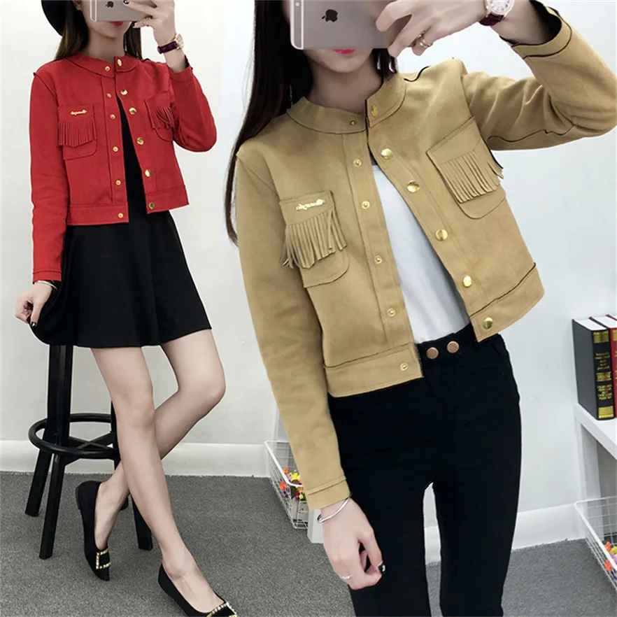 

Женская короткая куртка с длинным рукавом с кисточкой на талии