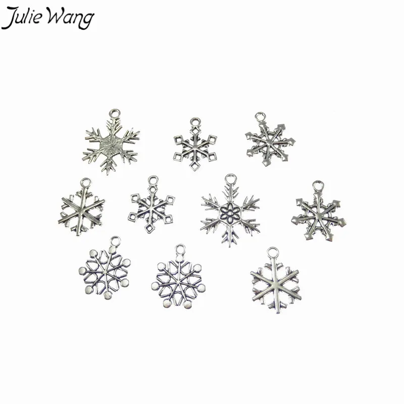 Julie Wang 10 шт смешанные снежинки Подвески античный серебряный цвет кулон Рождество