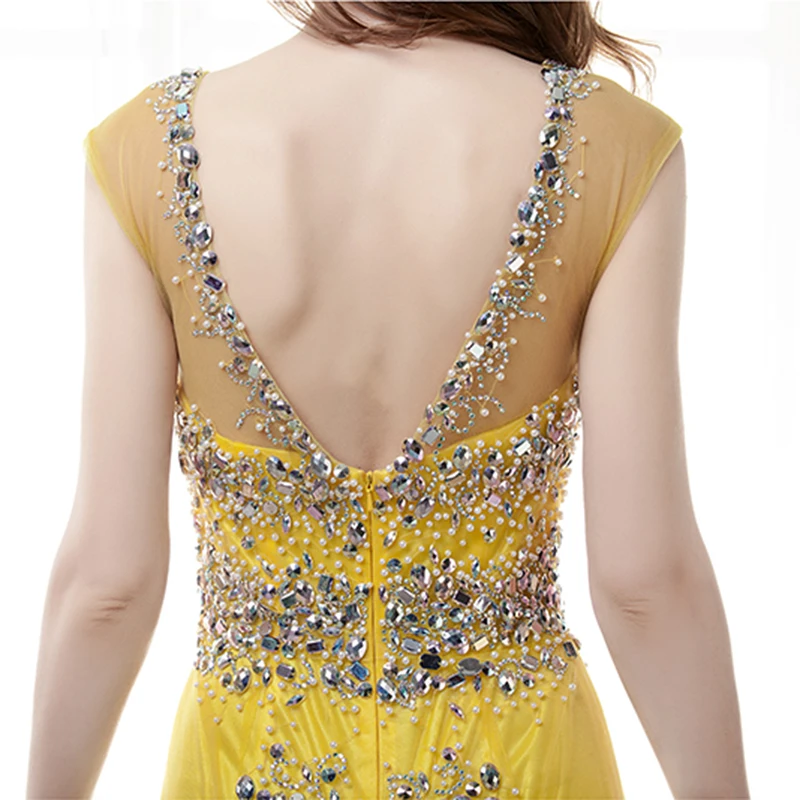 Длинное желтое вечернее платье 2018 Новое поступление Русалочки с открытой