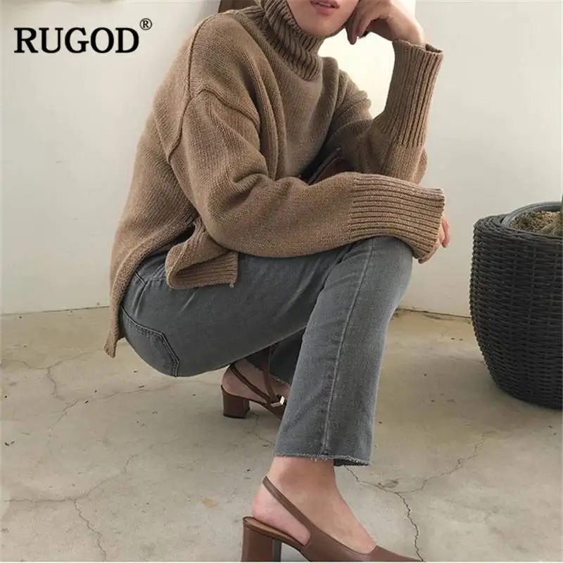 RUGOD, новинка, водолазка, женские свитера, повседневные, одноцветные, вязаные, женские пуловеры, с длинным рукавом, теплая, Осень-зима, одежда, pull femme hiver